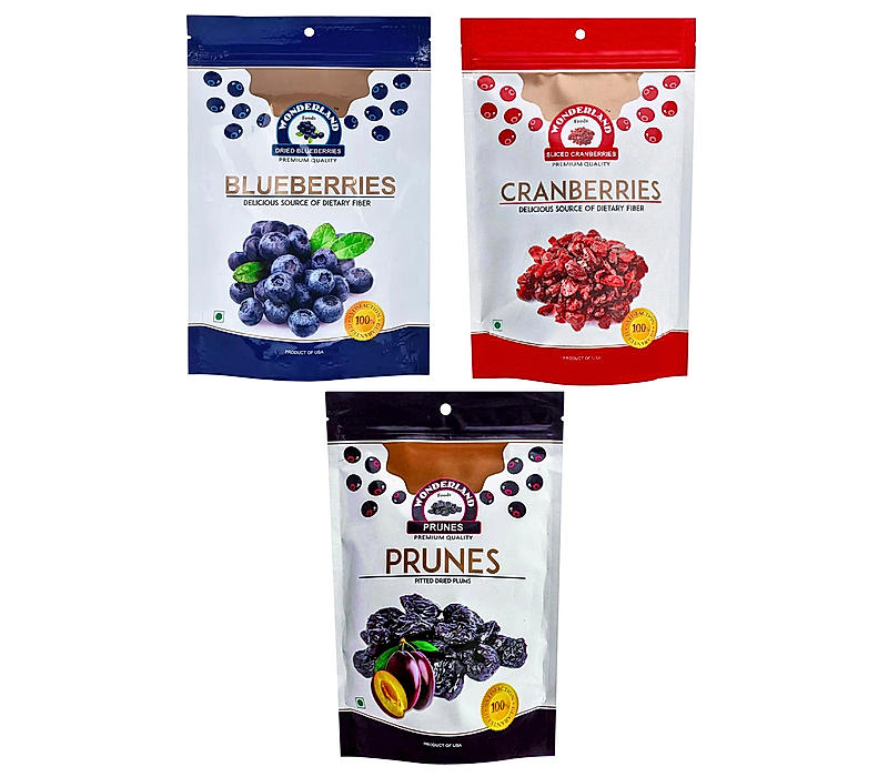 Wonderland Foods - Dried Blueberry 150g, Sliced Cranberry 200g & Prunes 200g (550g Combo) Pouch